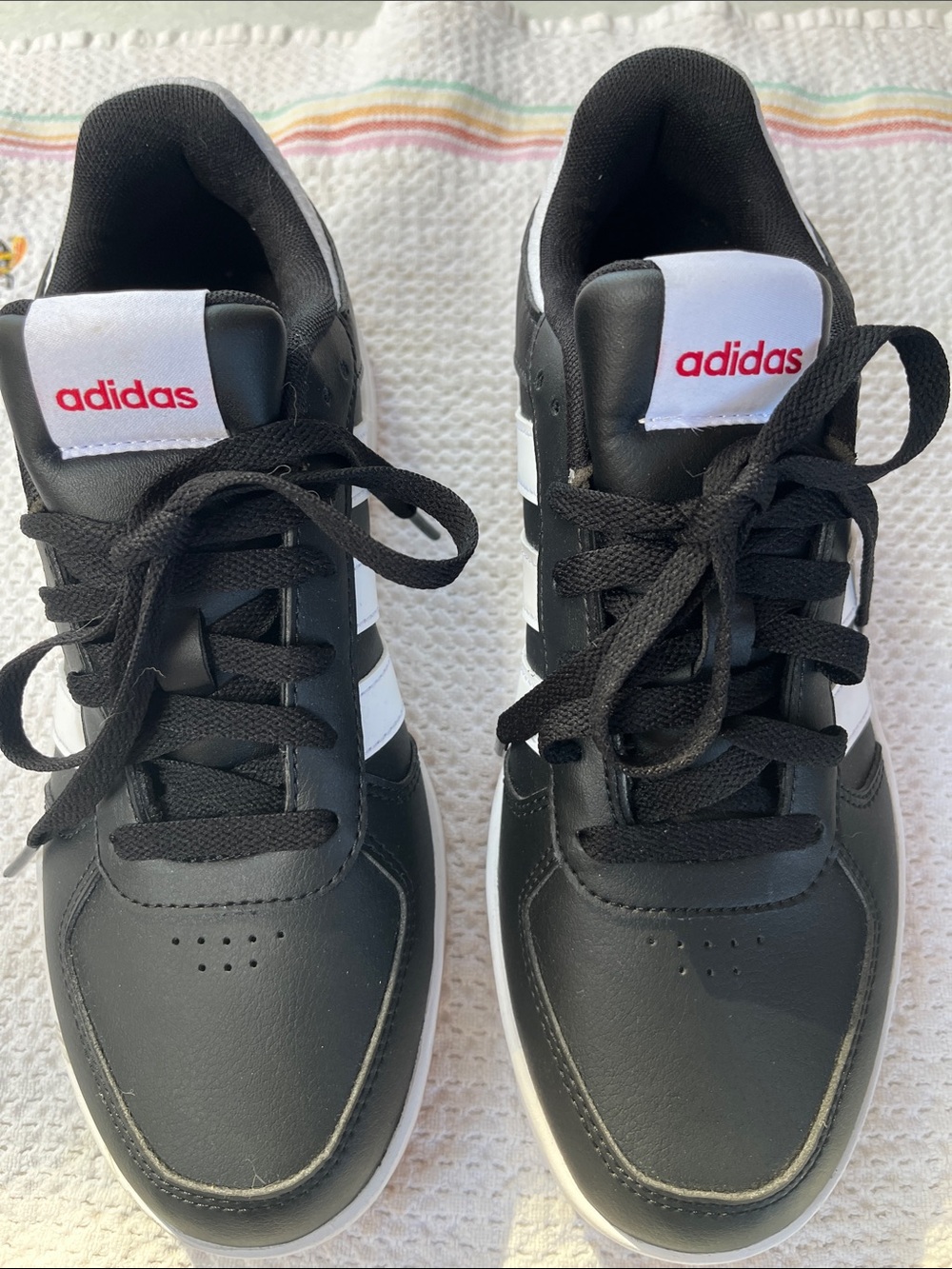 adidas Black Sneakers with White Three-Stripes and Red Logo